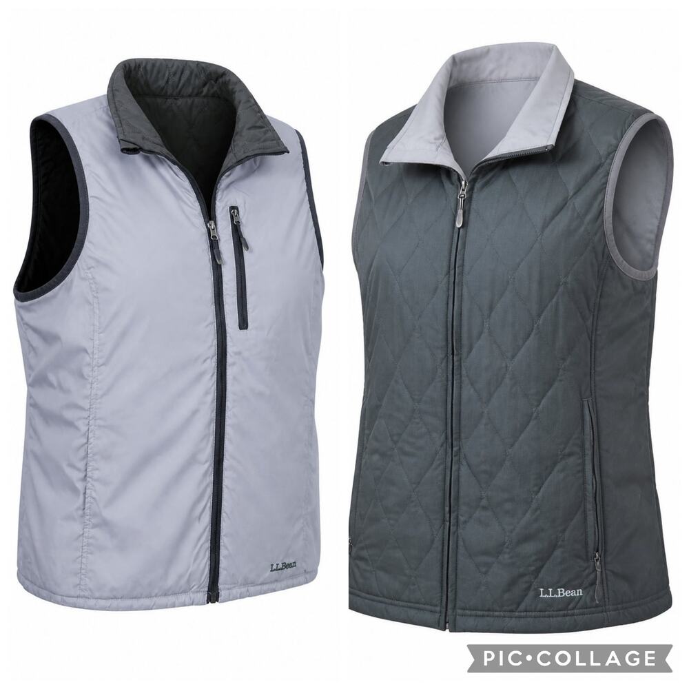 L.L.Bean Reversible Quilted Vest Womens S Gray Green Insulated Full Zip Outdoor